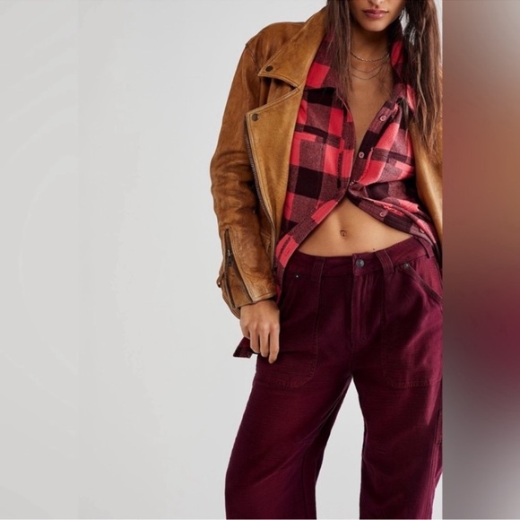 Free People Stay Awhile Carpenter Pants Mulberry Size 4 Purple Maroon Wide Leg - Picture 3 of 15